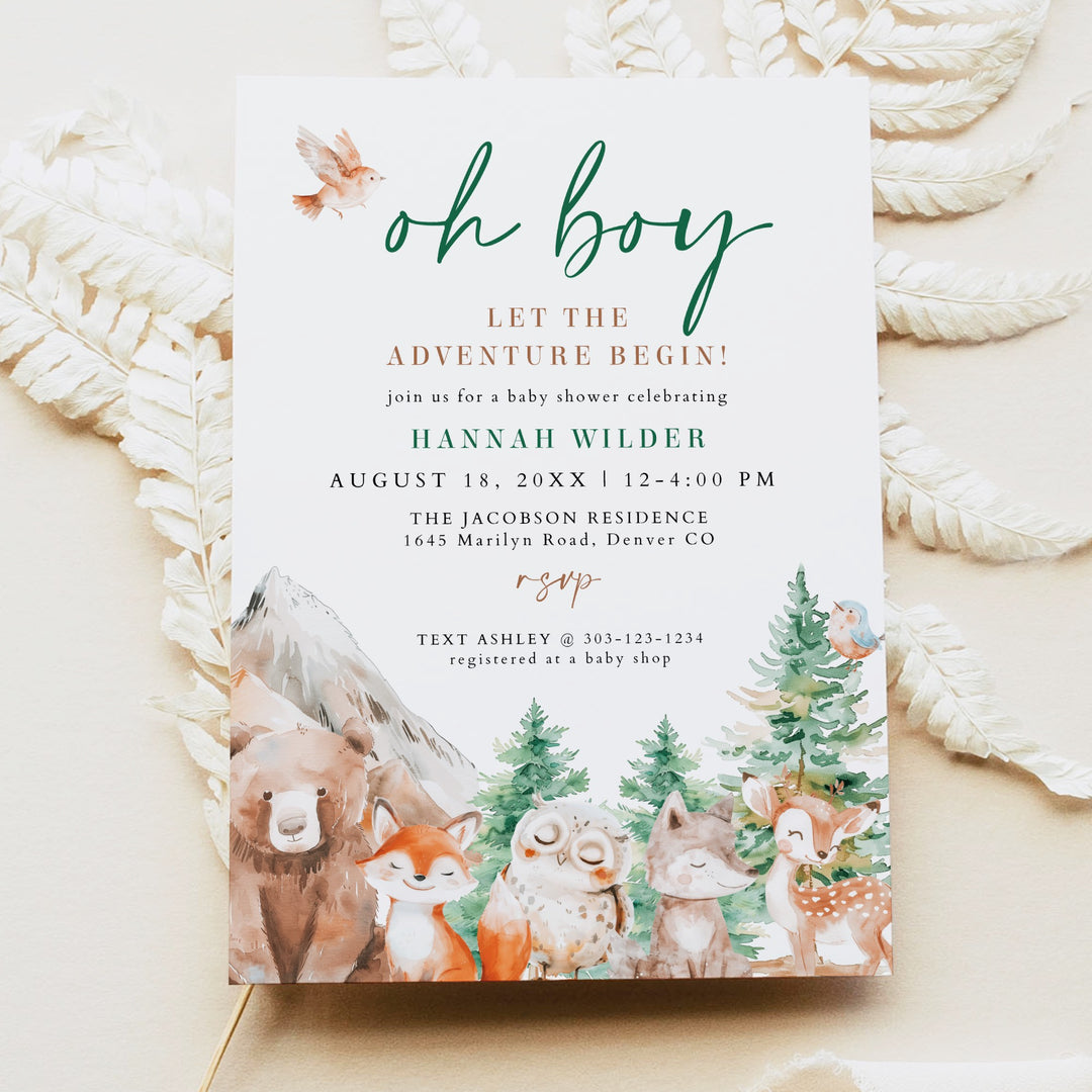 HUNTER Oh Boy Adventure Begins Woodland Animals Baby Shower Invitation