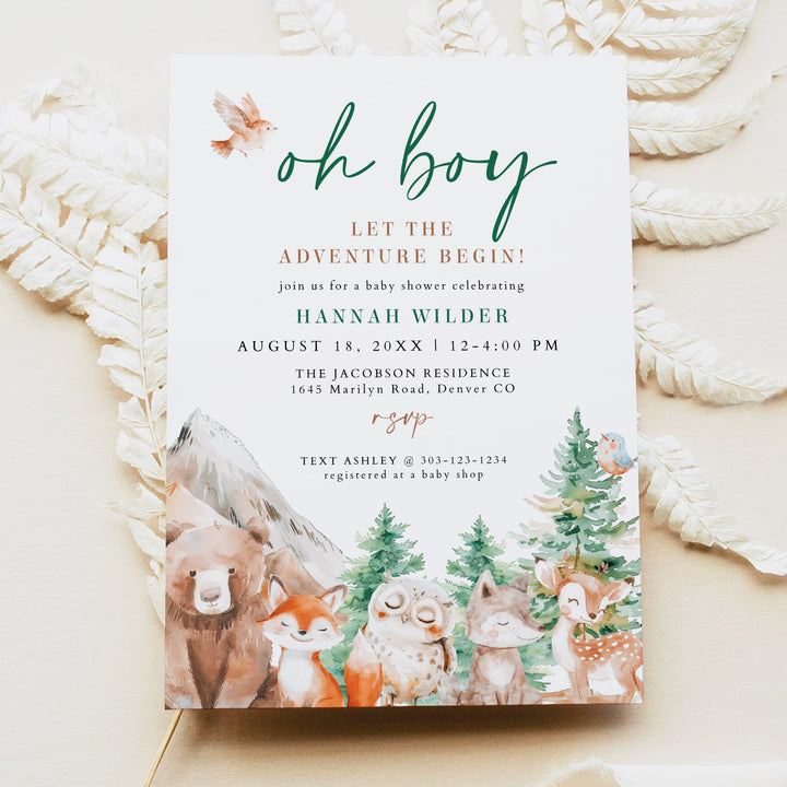 HUNTER Oh Boy Adventure Begins Woodland Animals Baby Shower Invitation