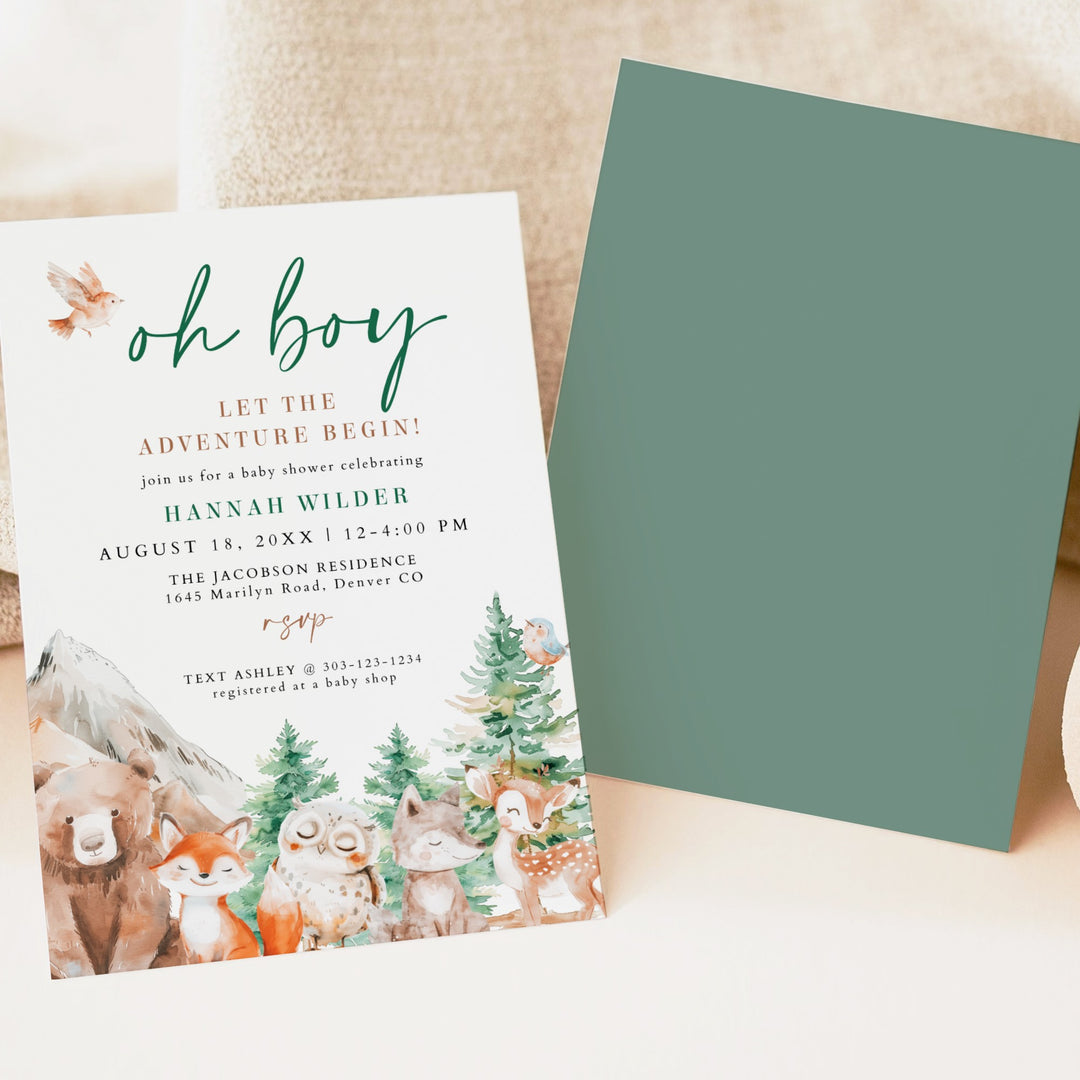 HUNTER Oh Boy Adventure Begins Woodland Animals Baby Shower Invitation