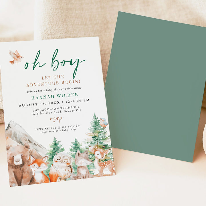 HUNTER Oh Boy Adventure Begins Woodland Animals Baby Shower Invitation