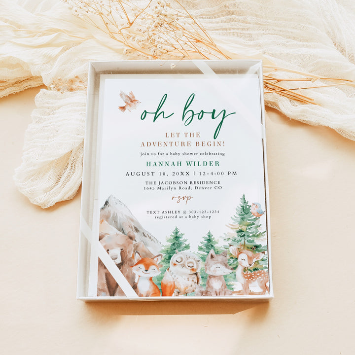 HUNTER Oh Boy Adventure Begins Woodland Animals Baby Shower Invitation