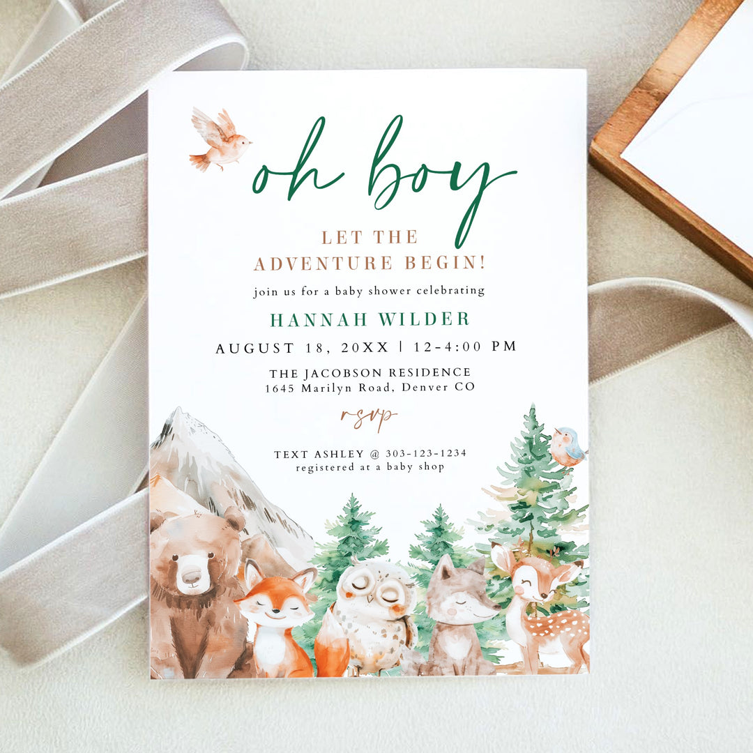 HUNTER Oh Boy Adventure Begins Woodland Animals Baby Shower Invitation
