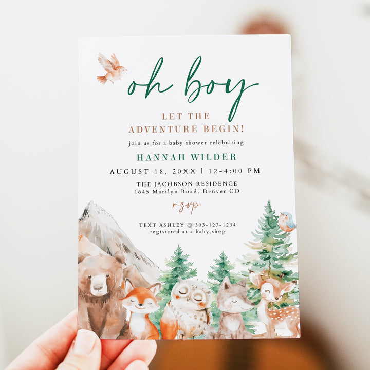 HUNTER Oh Boy Adventure Begins Woodland Animals Baby Shower Invitation
