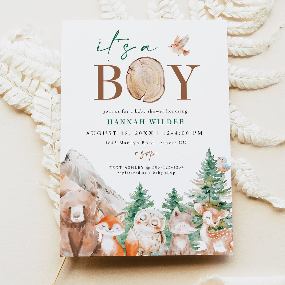 HUNTER It's A Boy Woodland Animals Baby Shower Invitation