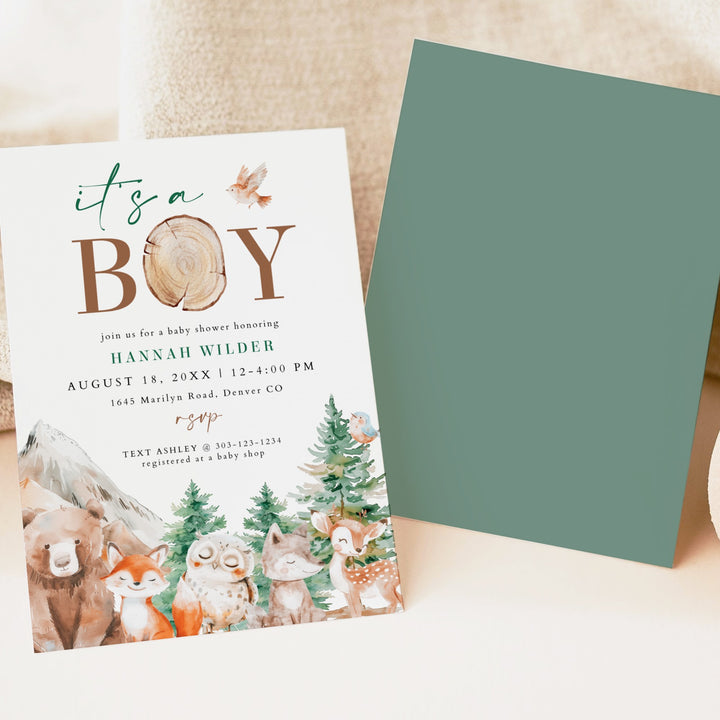 HUNTER It's A Boy Woodland Animals Baby Shower Invitation