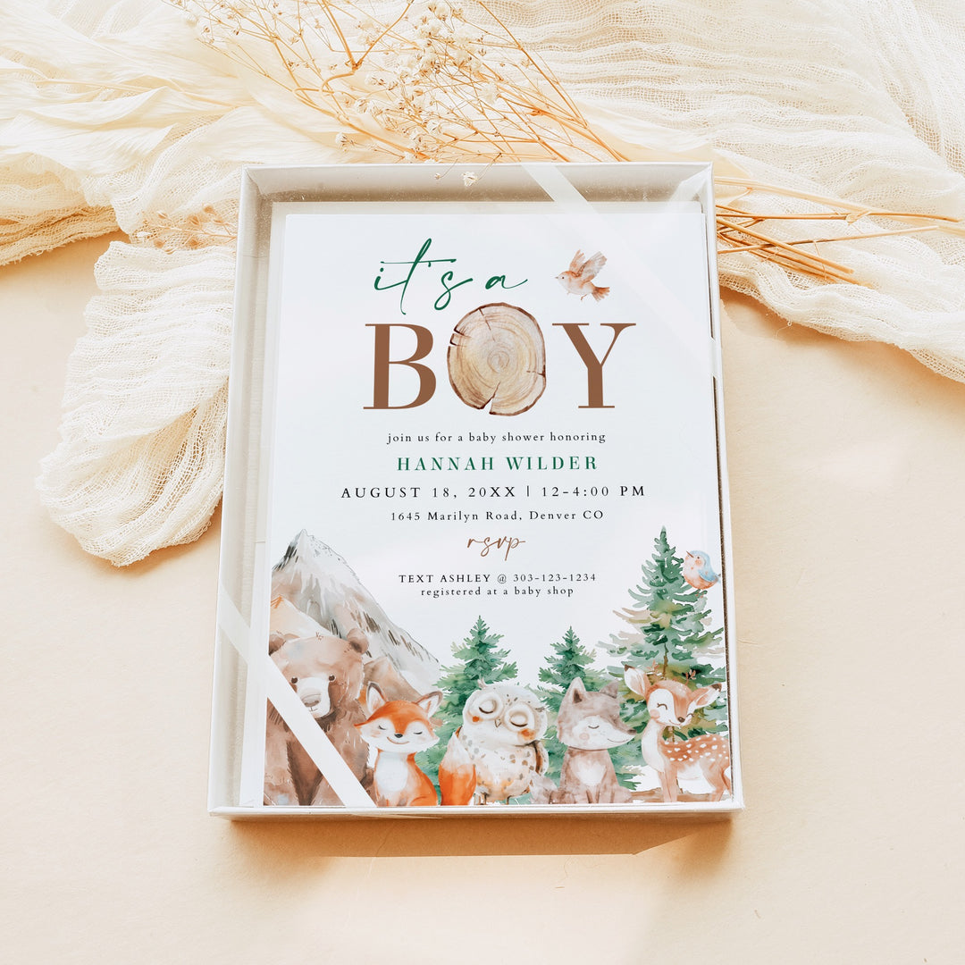 HUNTER It's A Boy Woodland Animals Baby Shower Invitation