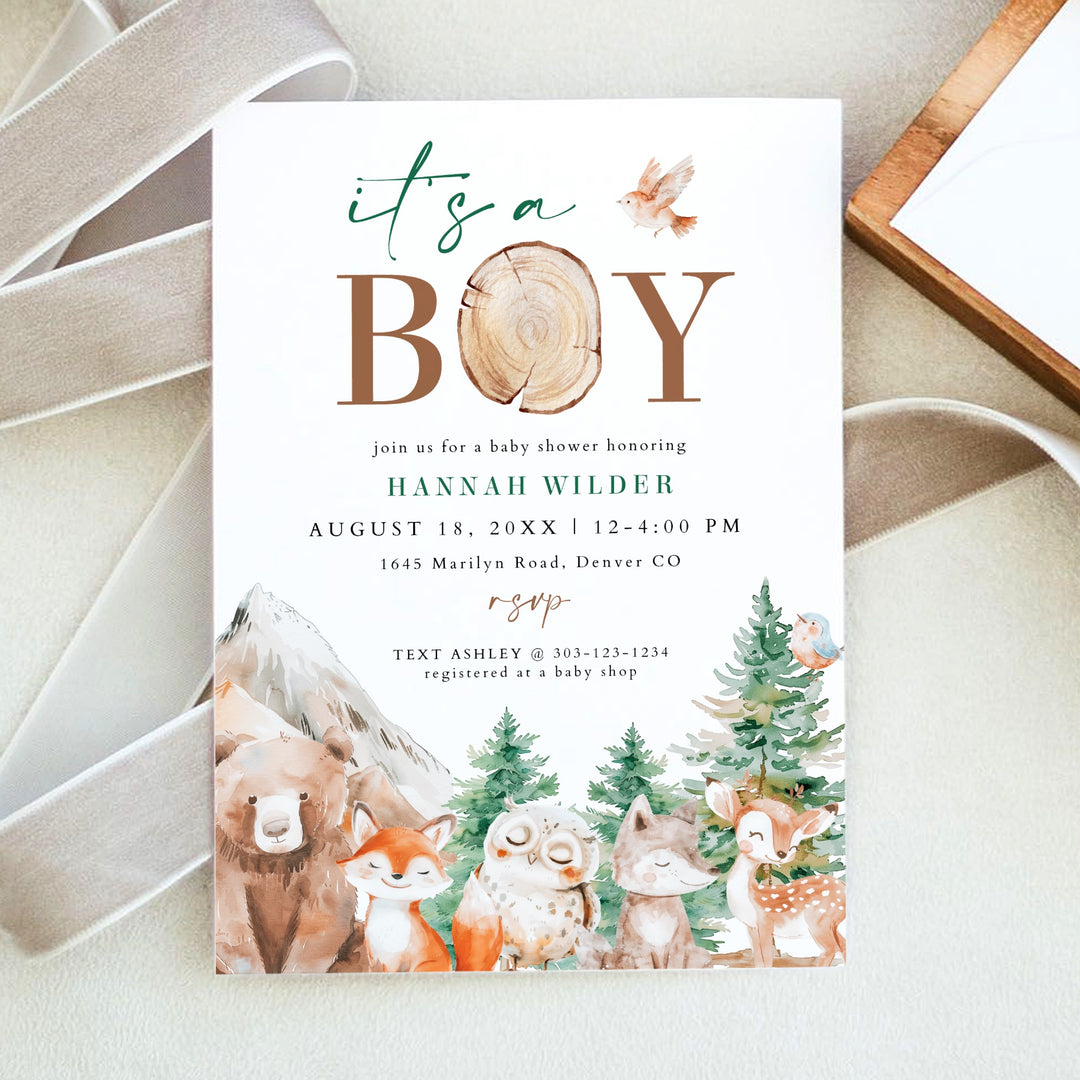 HUNTER It's A Boy Woodland Animals Baby Shower Invitation