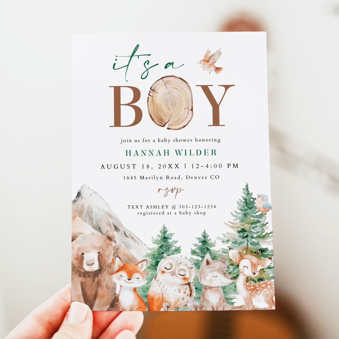 HUNTER It's A Boy Woodland Animals Baby Shower Invitation