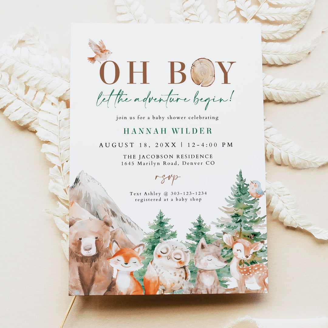 HUNTER Oh Boy Adventure Begins Woodland Animals Baby Shower Invitation