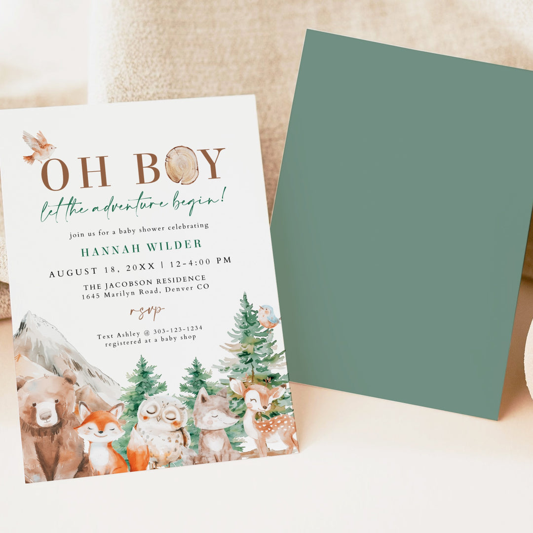 HUNTER Oh Boy Adventure Begins Woodland Animals Baby Shower Invitation