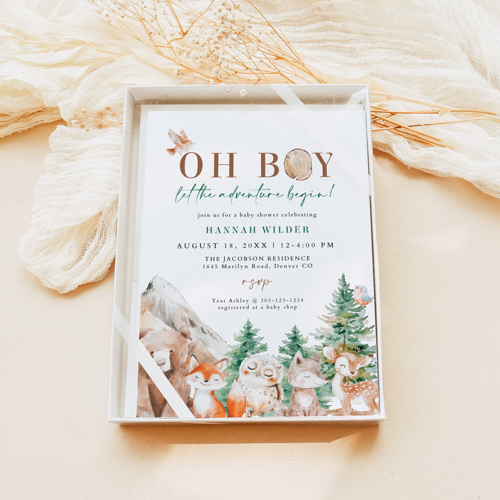 HUNTER Oh Boy Adventure Begins Woodland Animals Baby Shower Invitation