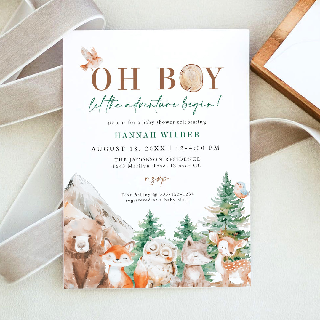 HUNTER Oh Boy Adventure Begins Woodland Animals Baby Shower Invitation