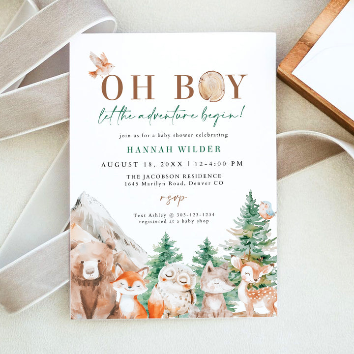HUNTER Oh Boy Adventure Begins Woodland Animals Baby Shower Invitation