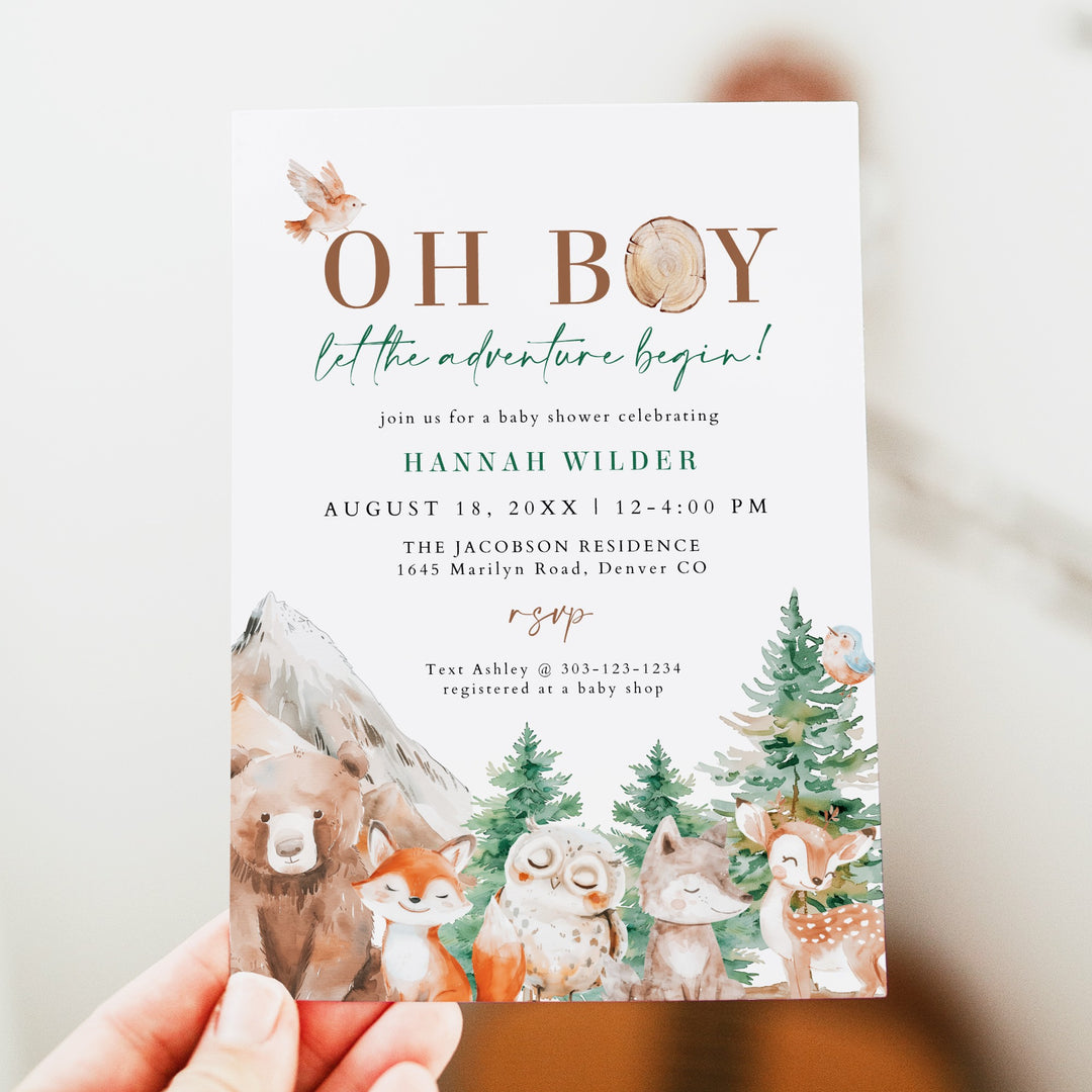 HUNTER Oh Boy Adventure Begins Woodland Animals Baby Shower Invitation