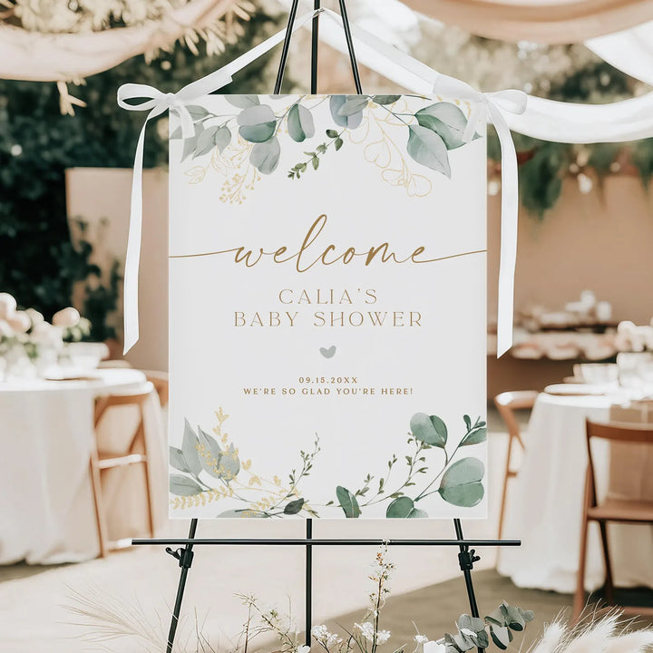 CALIA Greenery & Gold Elegant Baby Shower Welcome Sign