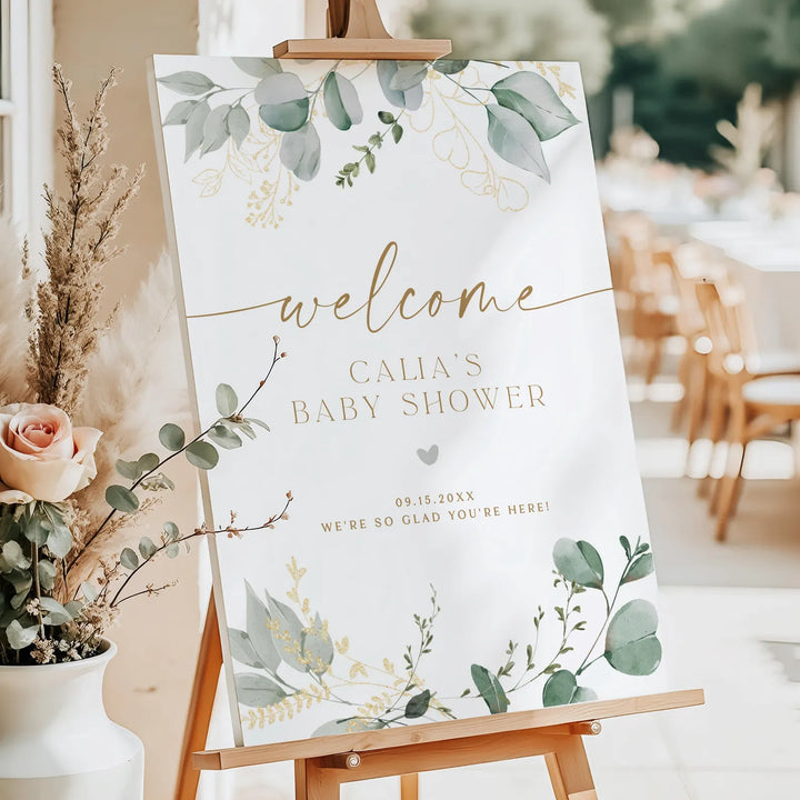 CALIA Greenery & Gold Elegant Baby Shower Welcome Sign