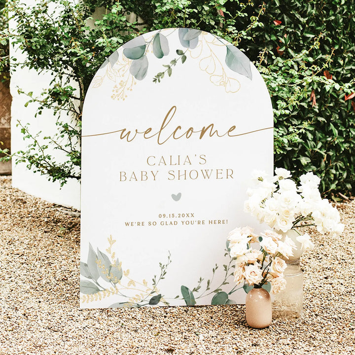 CALIA Greenery & Gold Elegant Baby Shower Welcome Sign