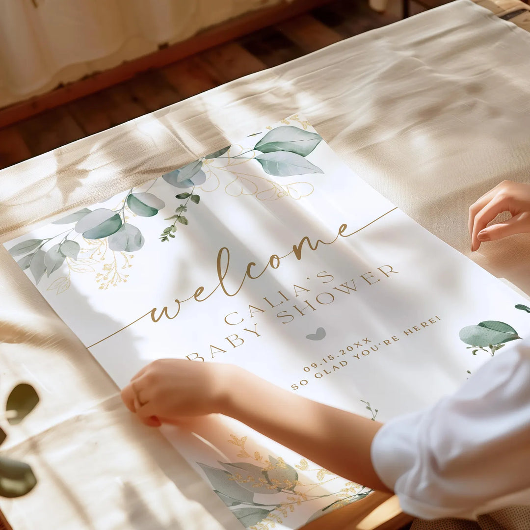 CALIA Greenery & Gold Elegant Baby Shower Welcome Sign