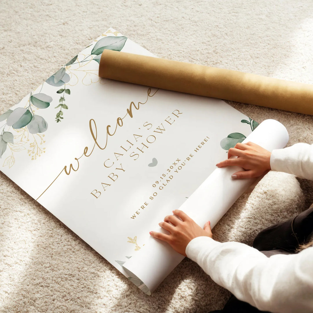 CALIA Greenery & Gold Elegant Baby Shower Welcome Sign