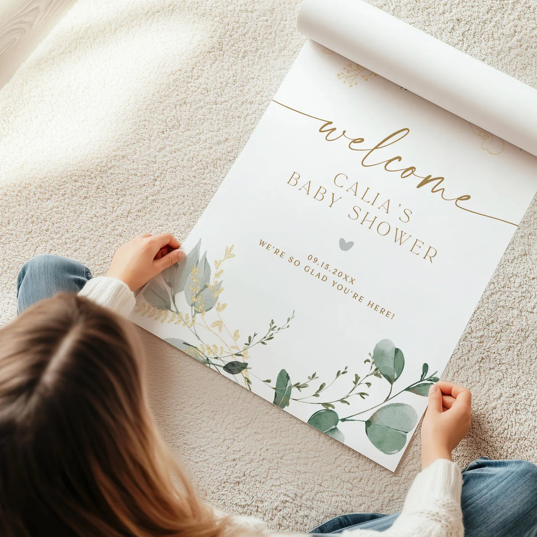 CALIA Greenery & Gold Elegant Baby Shower Welcome Sign