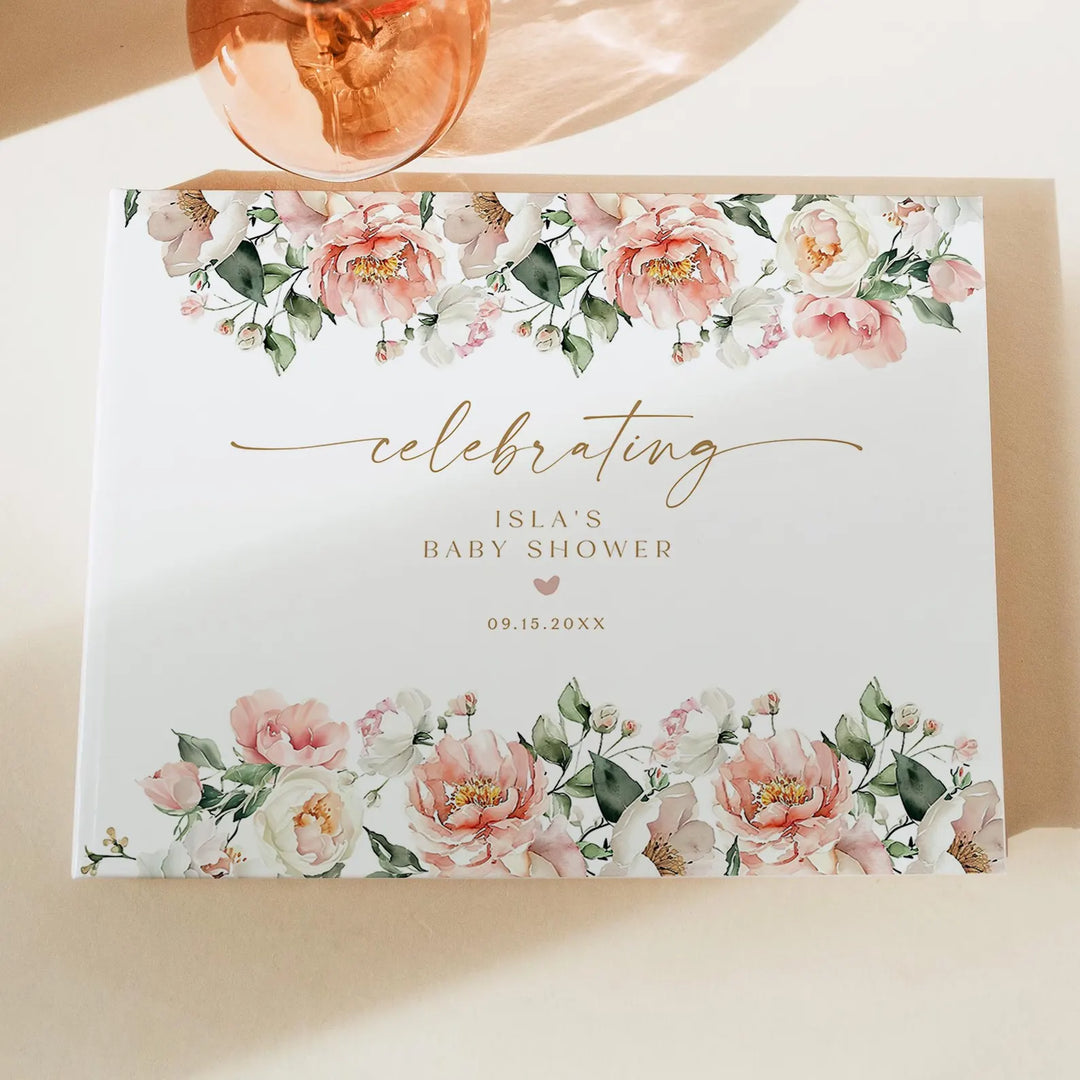 ISLA Pink Floral & Gold Baby Shower Guest Book Keepsake