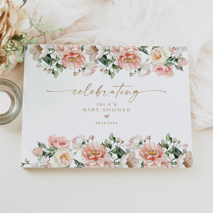ISLA Pink Floral & Gold Baby Shower Guest Book Keepsake
