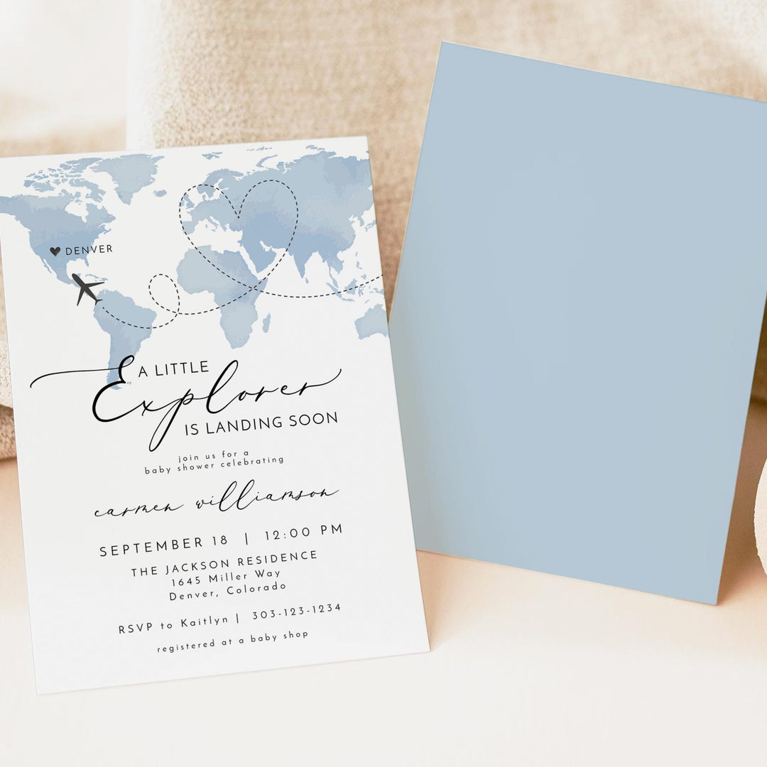 CARMEN Blue Explorer Travel Baby Shower Invitation