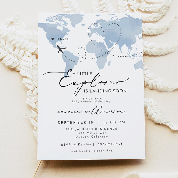 CARMEN Blue Explorer Travel Baby Shower Invitation