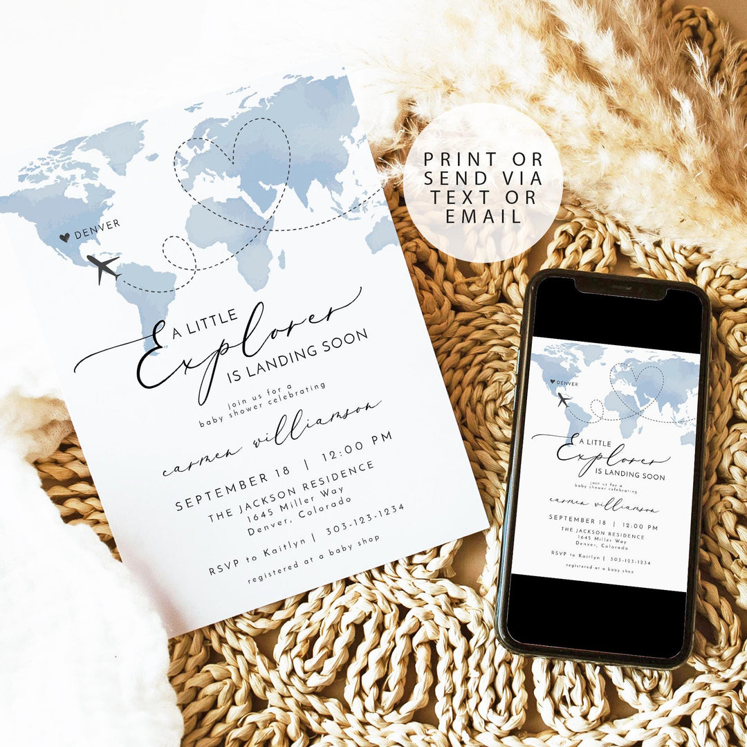 CARMEN Blue Explorer Travel Baby Shower Invitation Template