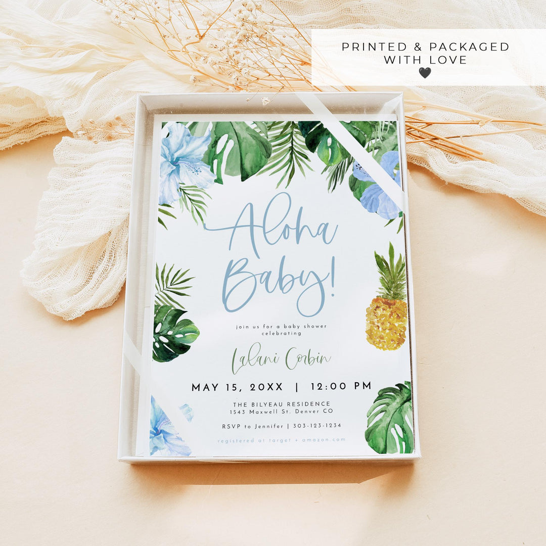 LALANI Blue Hibiscus Aloha Baby Shower Invitation Suite