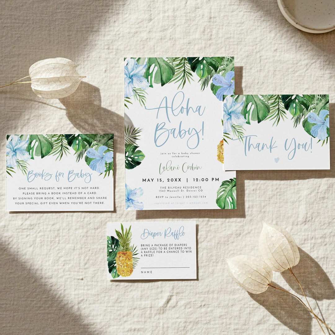 LALANI Blue Hibiscus Aloha Baby Shower Invitation Suite