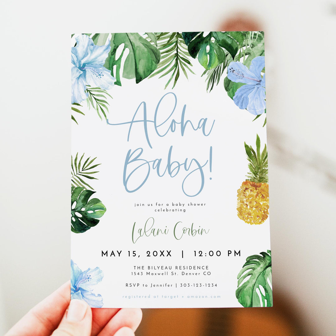 LALANI Blue Hibiscus Aloha Baby Shower Invitation Suite