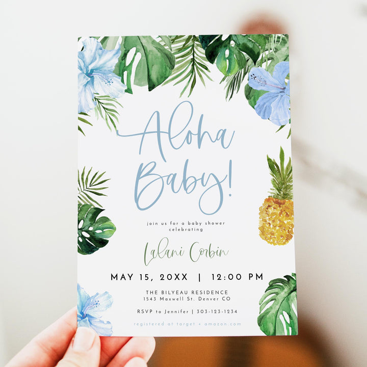 LALANI Blue Hibiscus Aloha Baby Shower Invitation Suite
