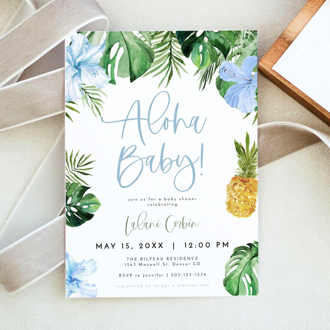 LALANI Blue Hibiscus Aloha Baby Shower Invitation Suite