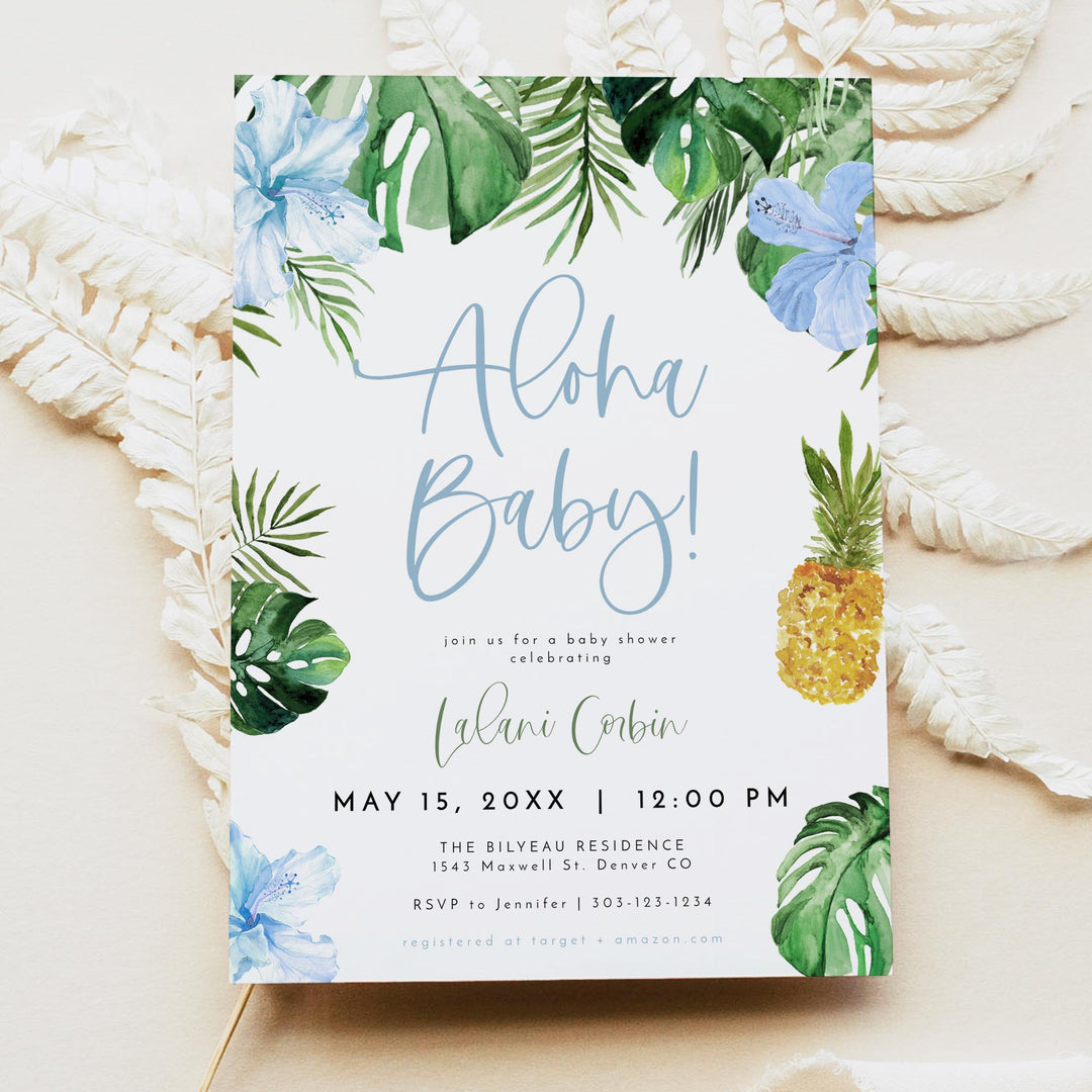 LALANI Blue Hibiscus Aloha Baby Shower Invitation Suite