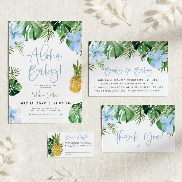 LALANI Blue Hibiscus Aloha Baby Shower Invitation Suite