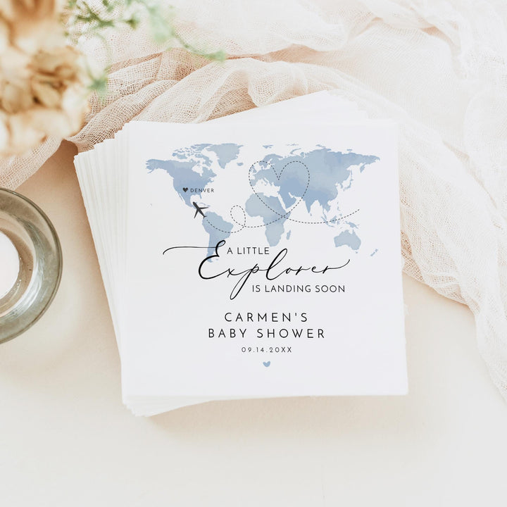 CARMEN Little Explorer Blue Map Baby Shower Napkins