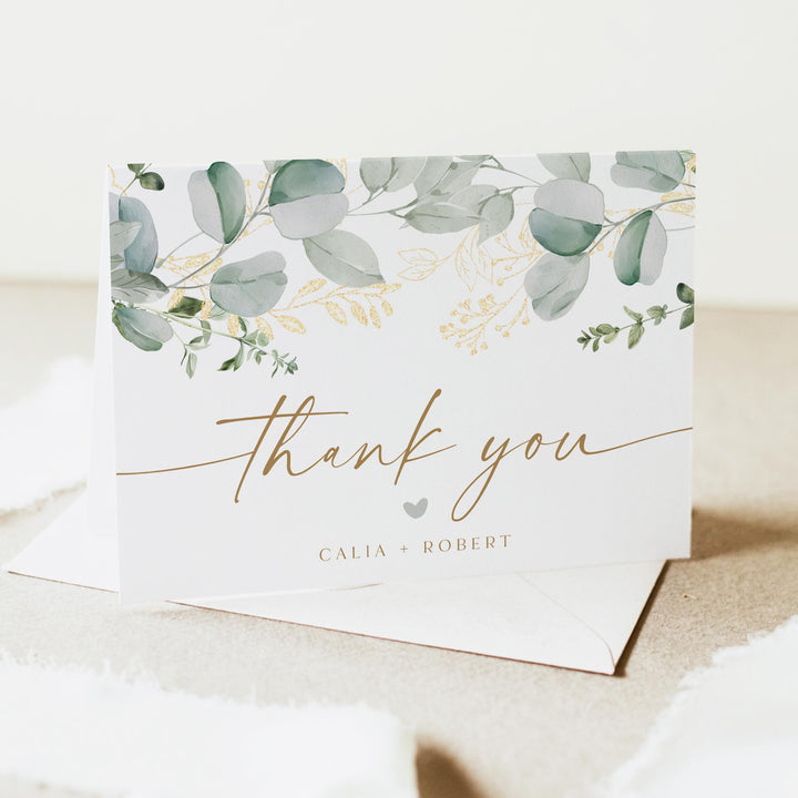 CALIA Elegant Greenery and Gold Thank You Card