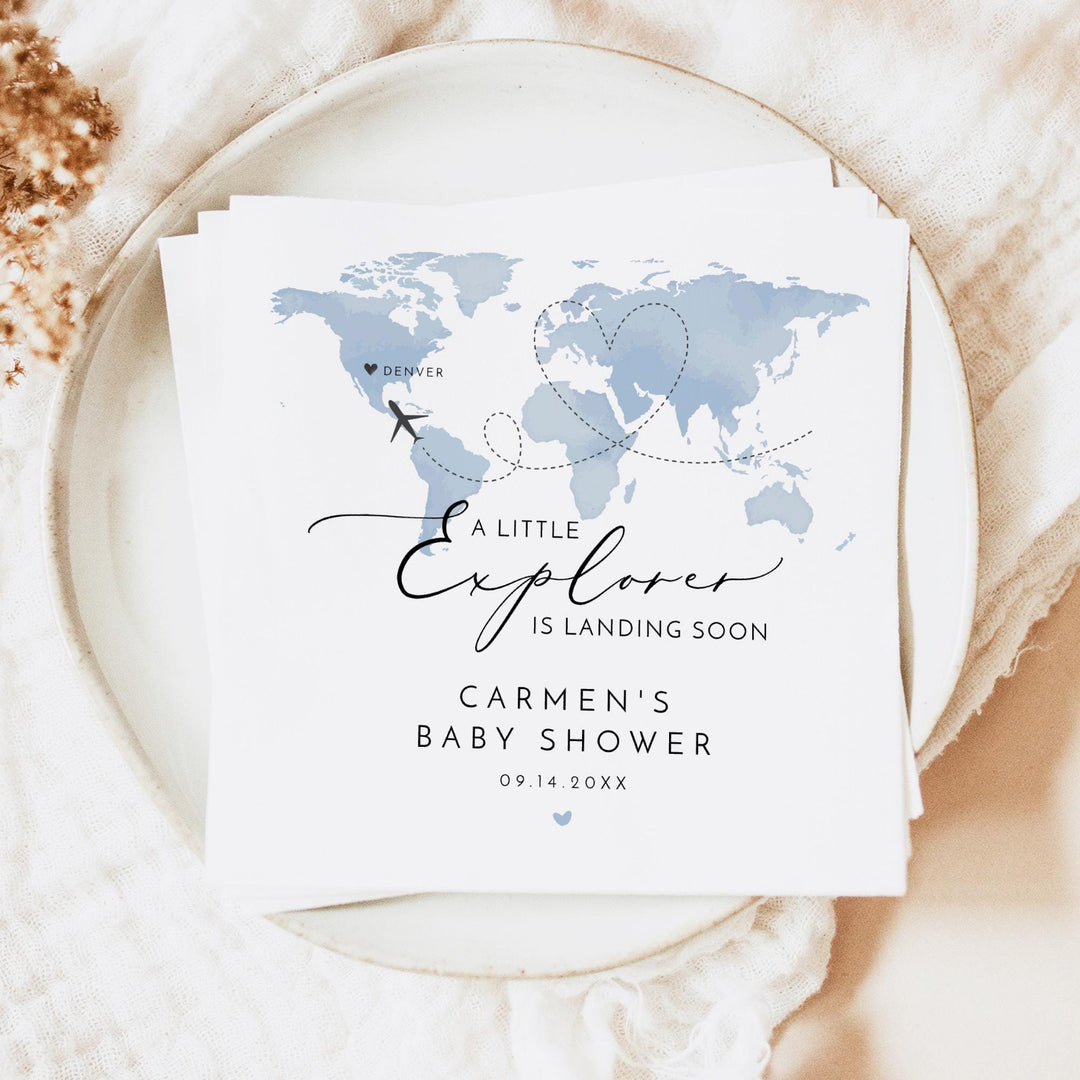 CARMEN Little Explorer Blue Map Baby Shower Napkins