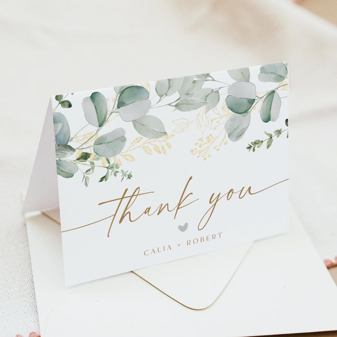 CALIA Elegant Greenery and Gold Thank You Card