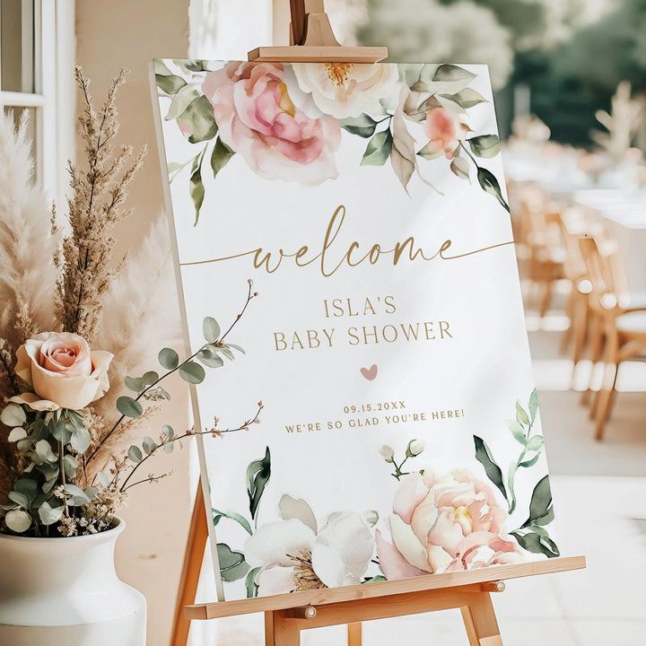 ISLA Pink Floral & Gold Elegant Baby Shower Welcome Sign