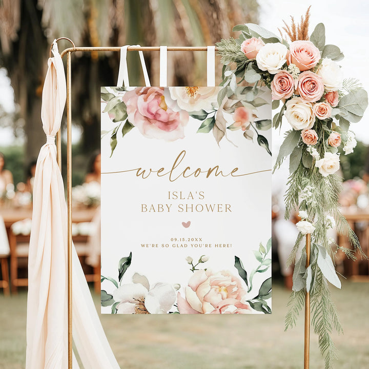 ISLA Pink Floral & Gold Elegant Baby Shower Welcome Sign