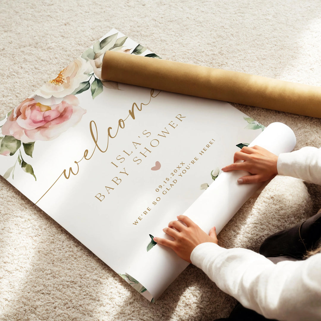 ISLA Pink Floral & Gold Elegant Baby Shower Welcome Sign