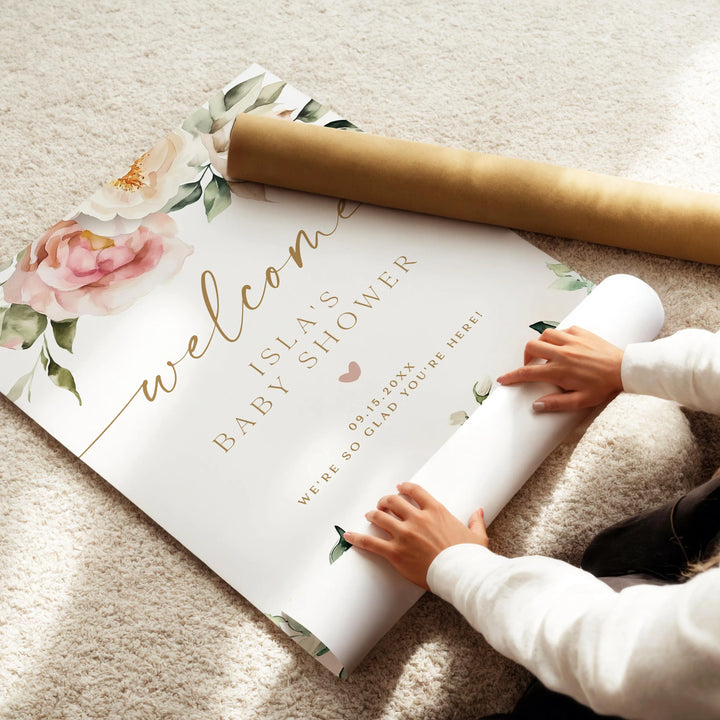 ISLA Pink Floral & Gold Elegant Baby Shower Welcome Sign