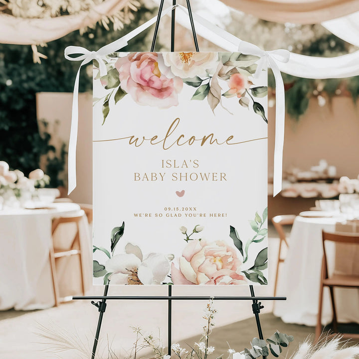 ISLA Pink Floral & Gold Elegant Baby Shower Welcome Sign