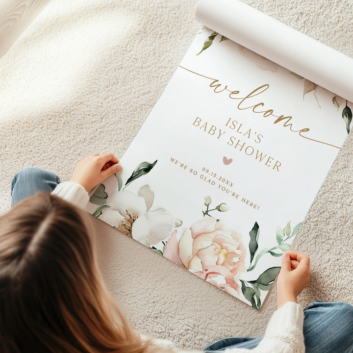 ISLA Pink Floral & Gold Elegant Baby Shower Welcome Sign