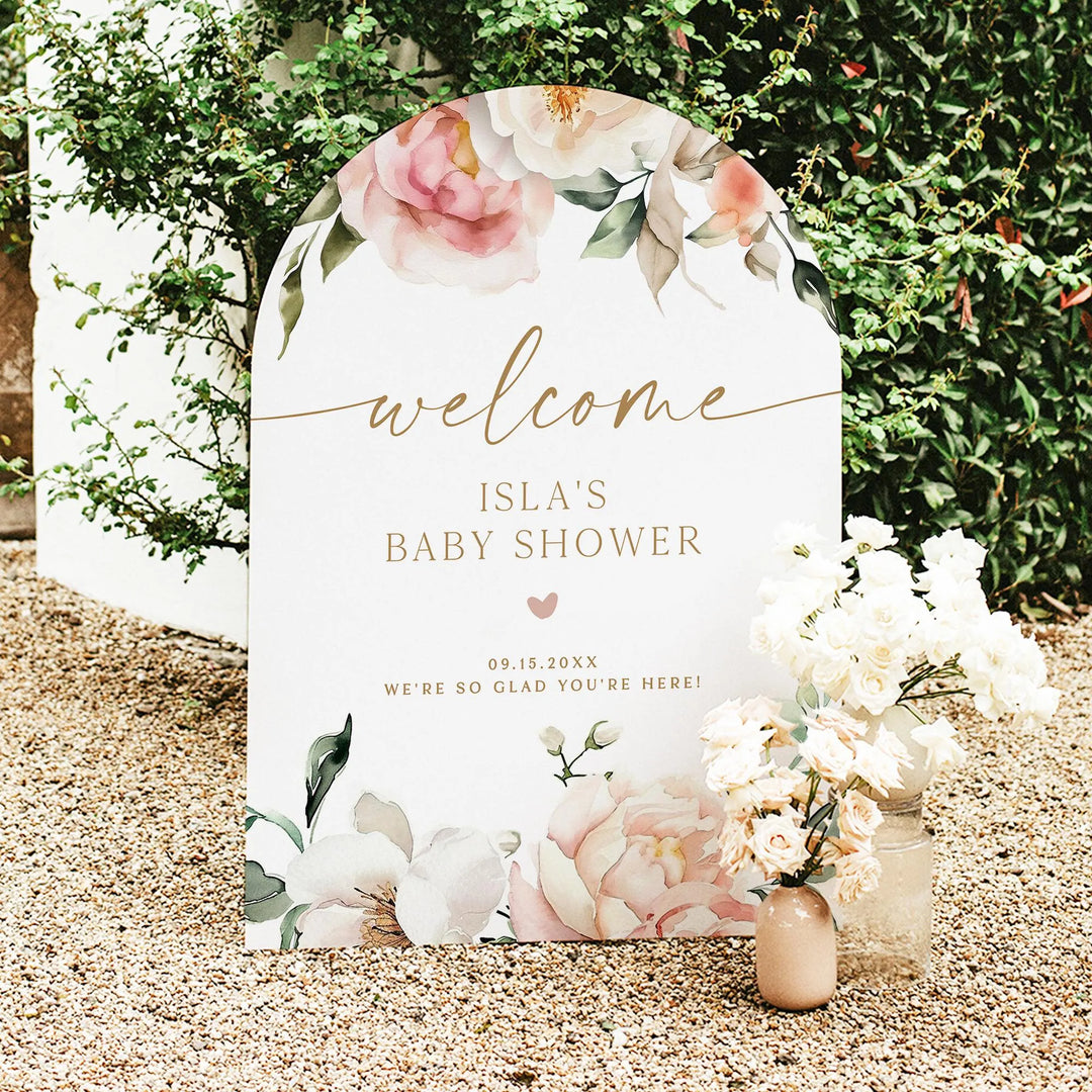 ISLA Pink Floral & Gold Elegant Baby Shower Welcome Sign