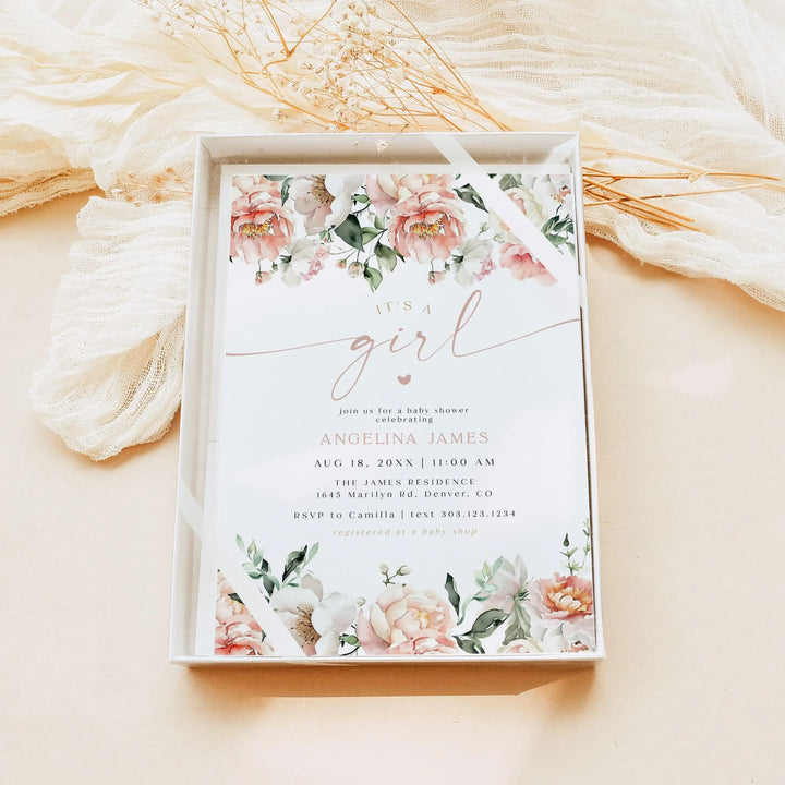 ISLA Pink Floral & Gold It's a Girl Baby Shower Invitation Set