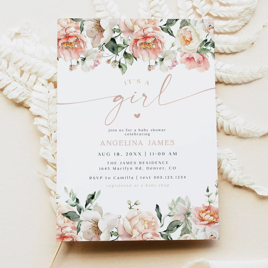 ISLA Pink Floral & Gold It's a Girl Baby Shower Invitation Set
