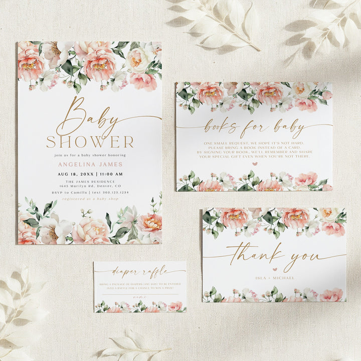 ISLA Pink Floral & Gold Elegant Baby Shower Invitation Set